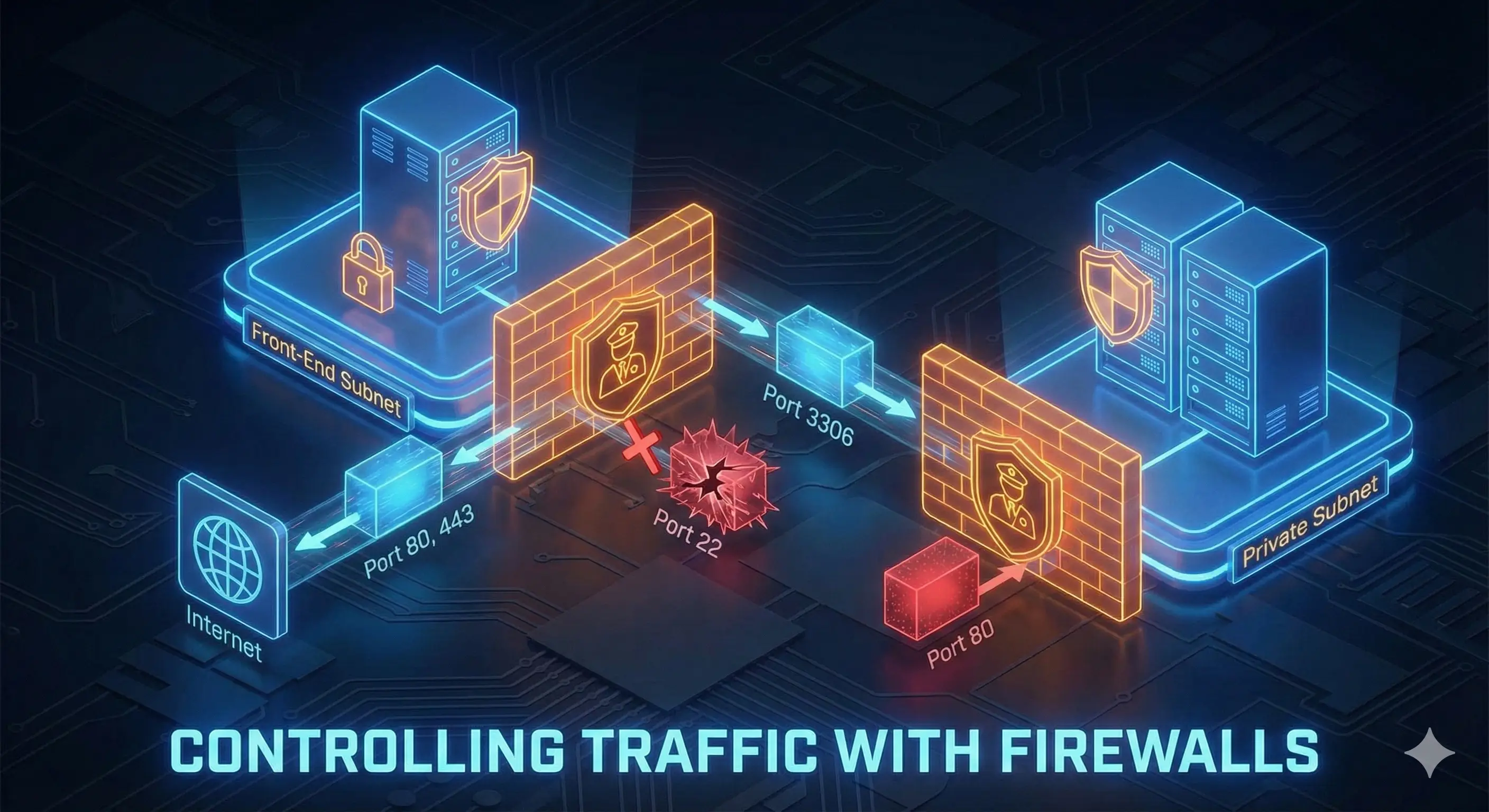 A 3D network security diagram. Glowing, translucent shields act as firewalls between different network zones. Red data streams (unauthorized traffic) are seen bouncing off the shields, while green data streams (authorized traffic) pass through specific small openings (ports) to reach the protected servers inside.
