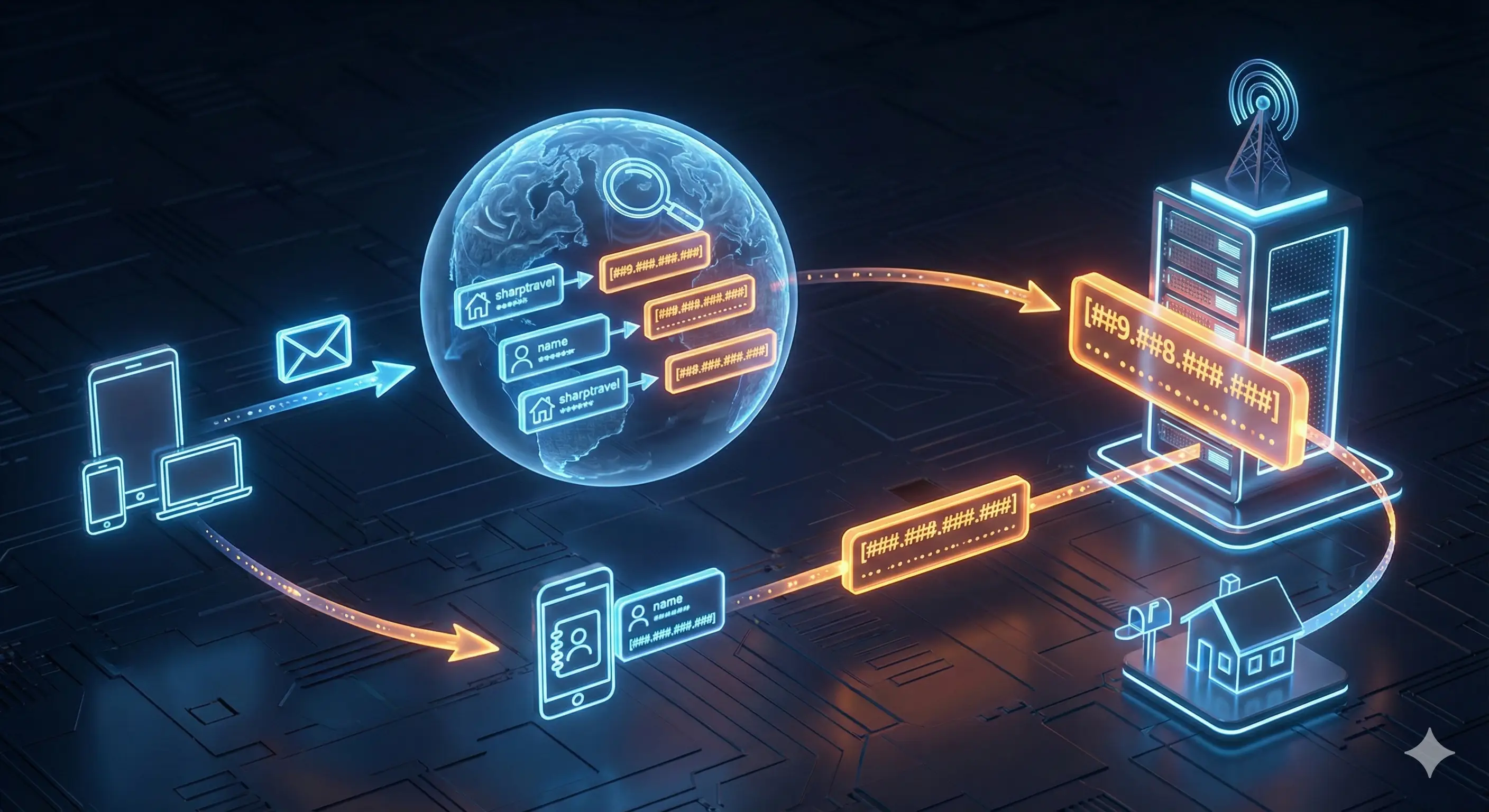 A 3D isometric illustration showing a global network. A smartphone connects to a single glowing server tower via a stream of light. Between them hovers a holographic phonebook icon, visualizing the DNS process of translating a contact name into a numeric path, representing an IP address.