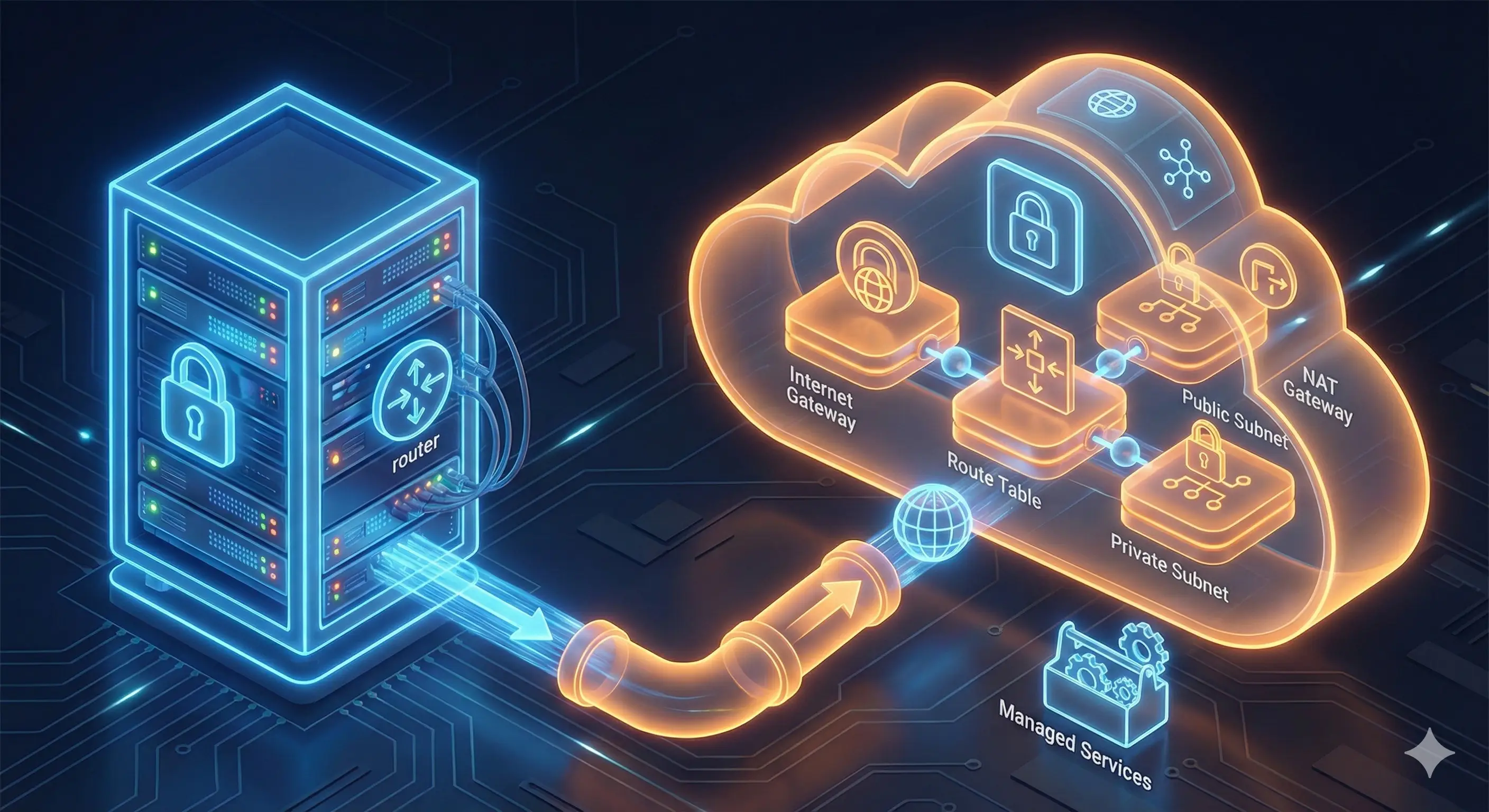 A 3D infographic of a cloud computing environment. A large, translucent cubic boundary represents a Virtual Private Cloud (VPC). Inside, the floor is divided into distinct distinct zones representing subnets. A digital gateway arch connects the floating cloud structure to the wider internet, with glowing data lines routing through specific paths.