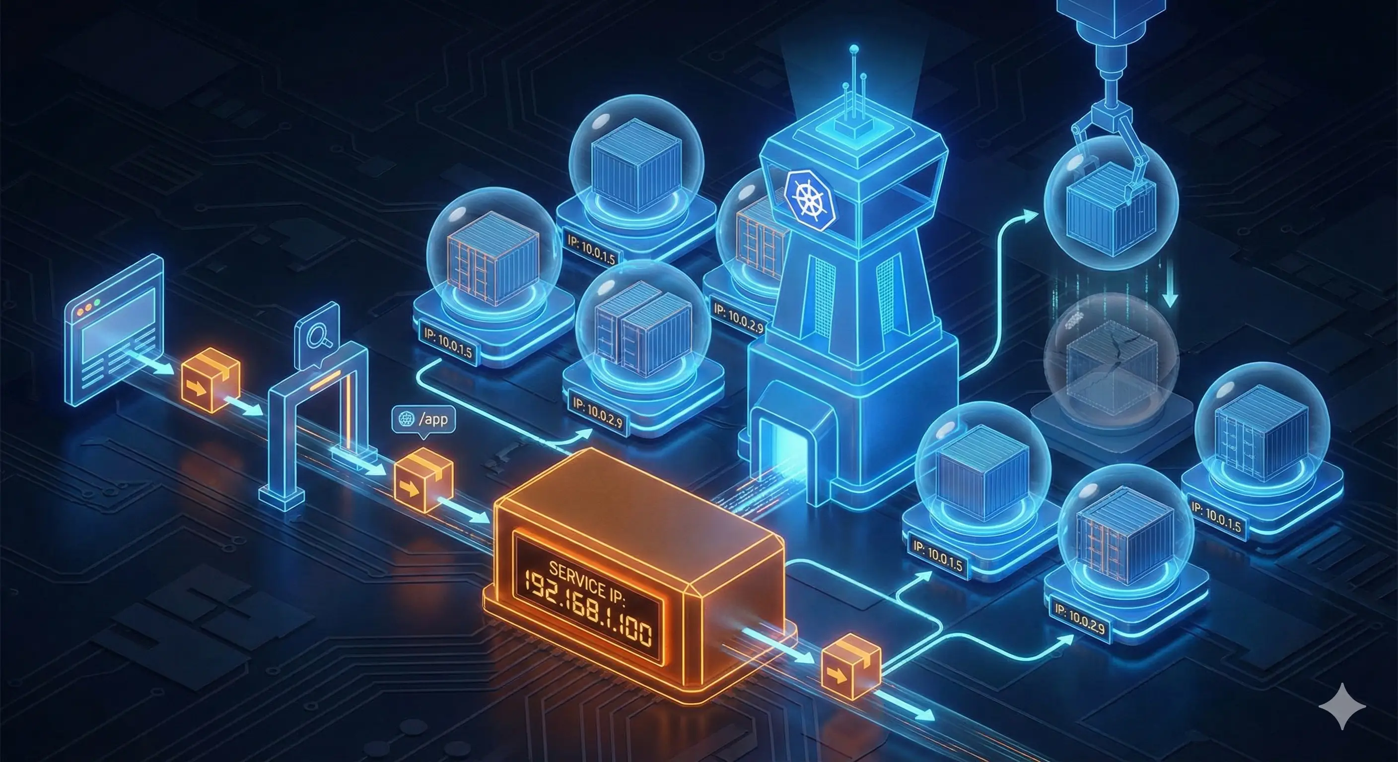 A 3D visualization of a Kubernetes cluster. Small hexagonal units representing containers are grouped into larger Pod clusters. A central, stable geometric monolith representing a Service anchors the pods, distributing glowing traffic lines to them. An Ingress gateway at the front routes incoming connections to the correct service.